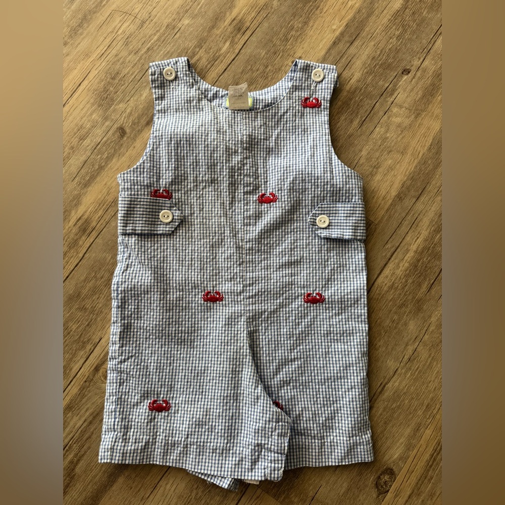 Blue and white gingham Jon Jon shortalls with embroidered crab detail